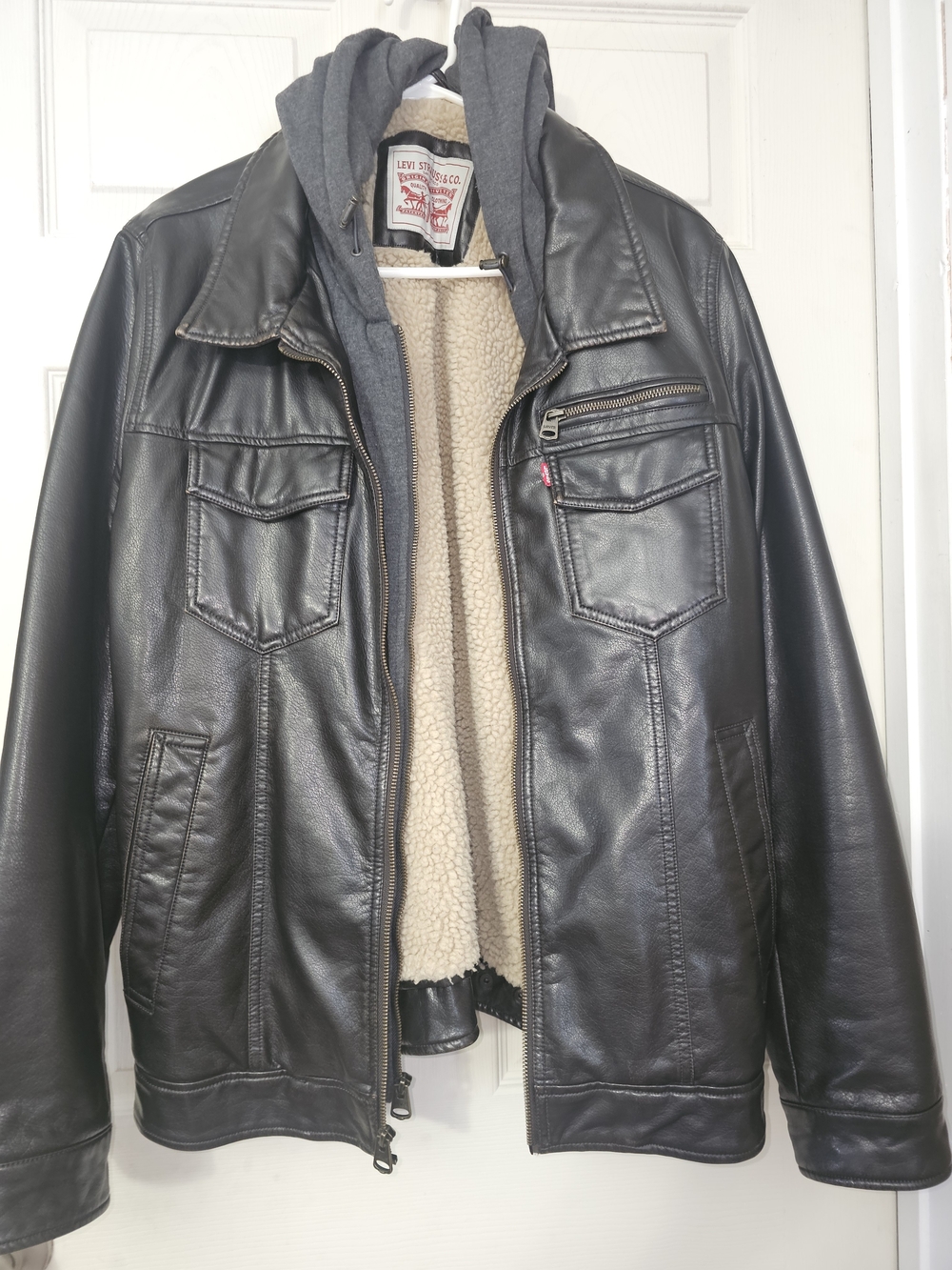 Levi's Black Leather Jacket with Cream Sherpa Lining and Gray Hood
